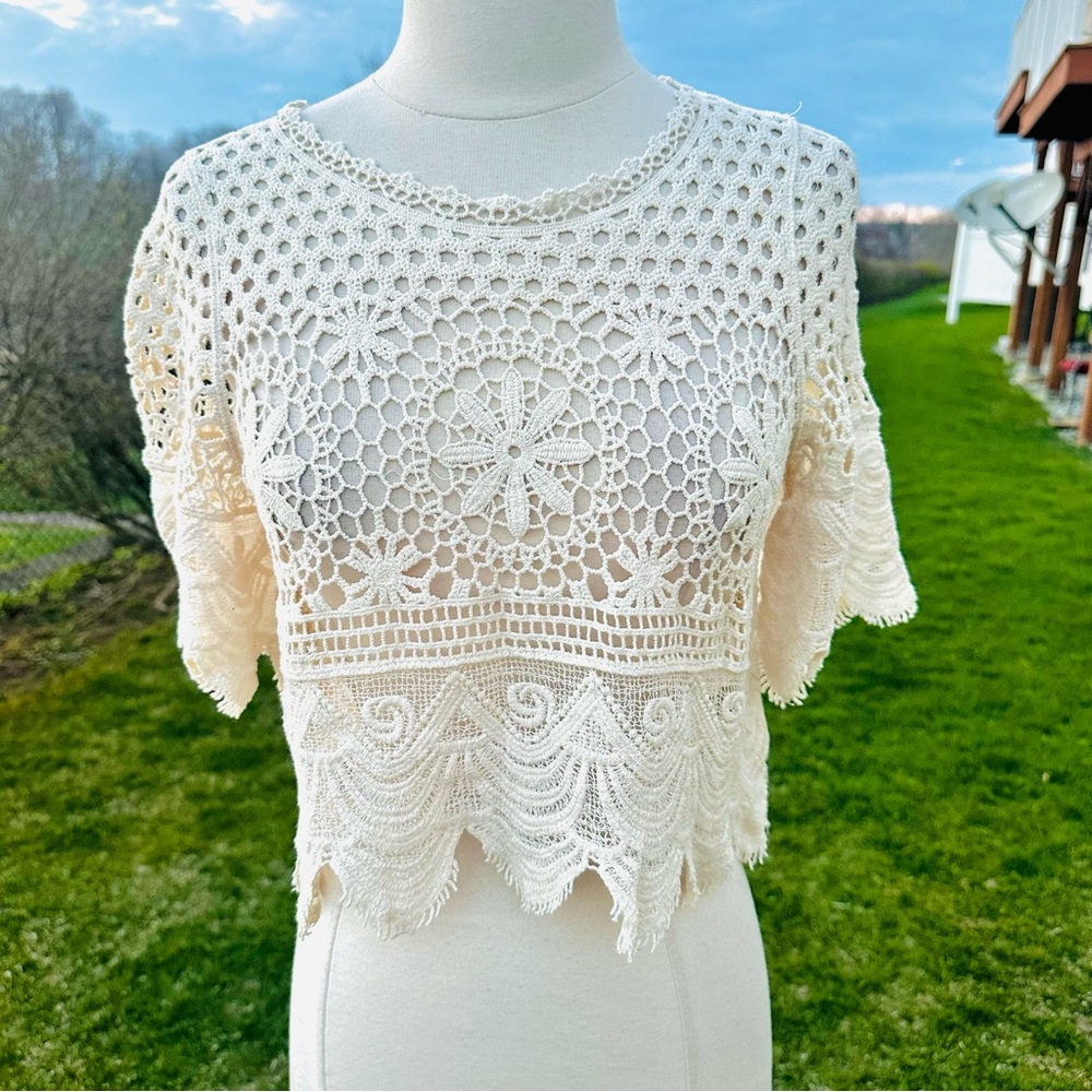Rebellion Cream Lace Crochet Top Boho Festival Cottagecore Small - Picture 9 of 16